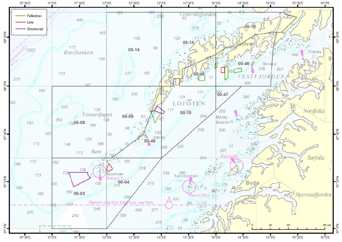 LOFOTEN: Kart over lokale reguleringer i Lofoten 2024. S`KJERMDUMP: © Fiskeridirektoratet.