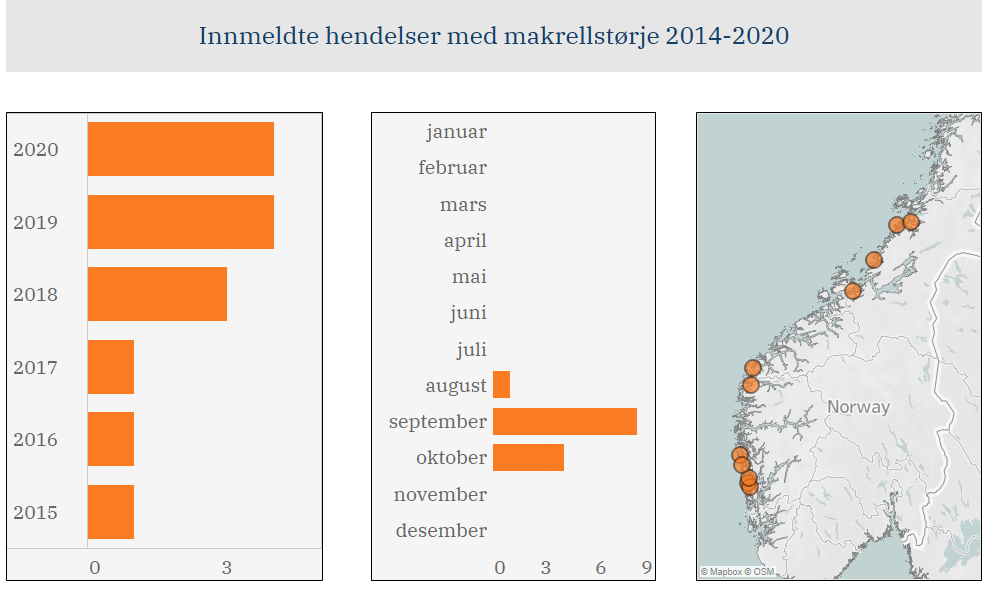 Diagram, makrellstørjehendelser. Foto: © Fiskeridirektoratet.