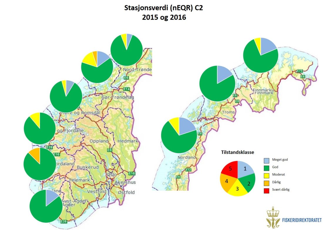 Kartfiguren viser miljøtilstanden fordelt på regioner basert på nEQR for bløtbunnsfauna ved ytterste stasjon i C-undersøkelser fra 2015 og 2016.