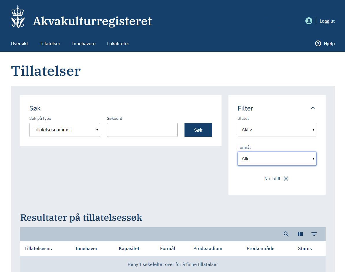 Skjermdump fra det nye Akvakulturregisteret Skjermdump fra det nye Akvakulturregisteret