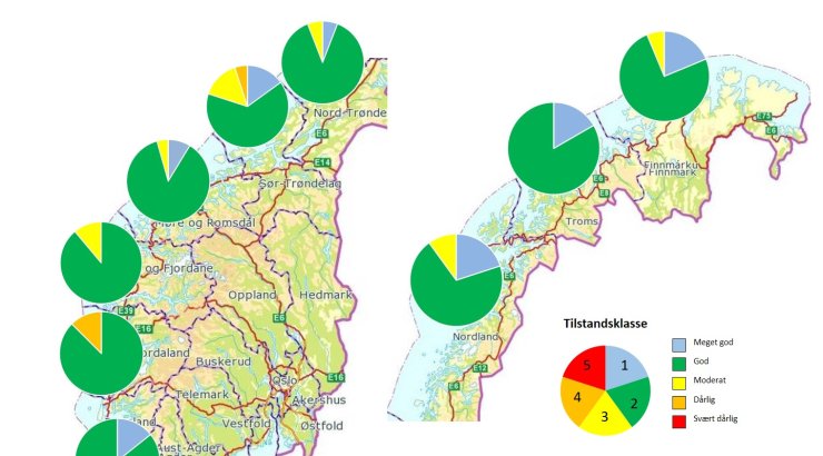 Miljøtilstanden fordelt på regioner basert på nEQR for bløtbunnsfauna ved ytterste stasjon i C-undersøkelser fra 2015 og 2016.