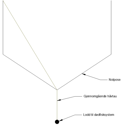 Figur 3: : Prinsippskisse av notpose med gjennomgående håvtau og lodd til dødfisksystem. Skisse: Egersund Net