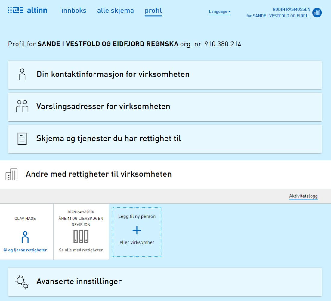 Veiledning for rollevalg i Altinn: skjermbilde profil