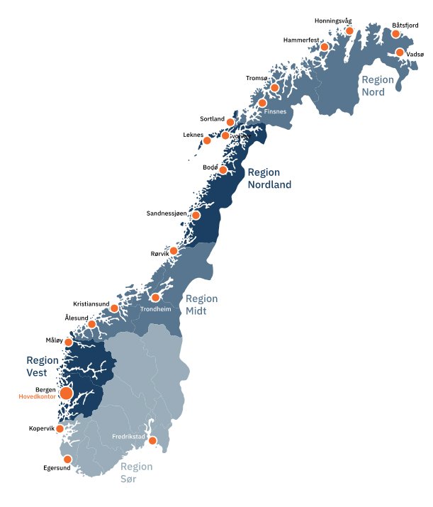 Geografisk kart over Fiskerdirektoratets regioner