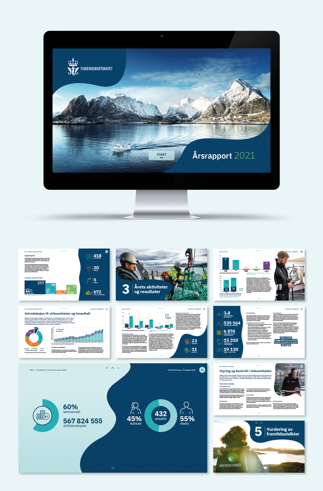 VIsningsbilde av årsrapport og eksempel på bruk av direktoratets grafiske profil.