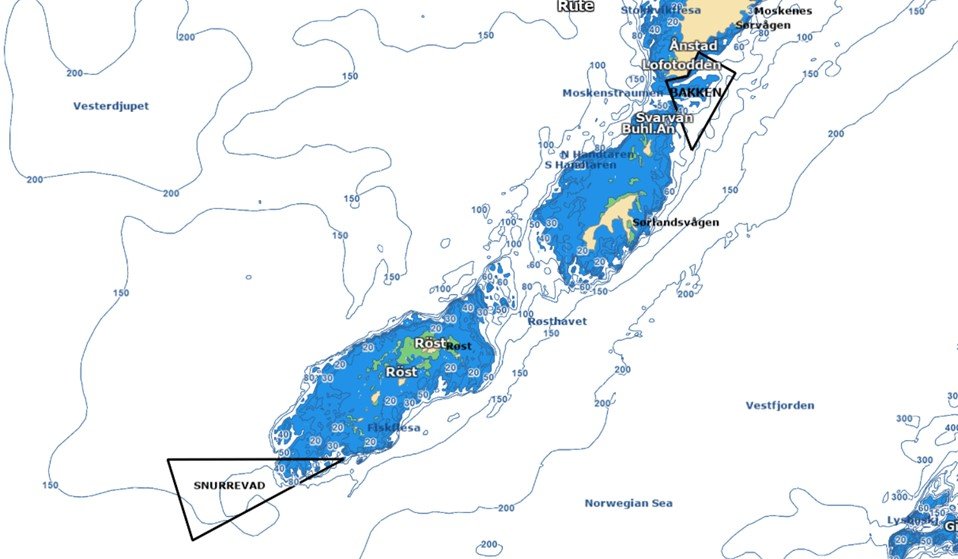 Kart over regulert område i Lofoten, kartet viser felt for snurrevad utenfor øya Røst.jpg