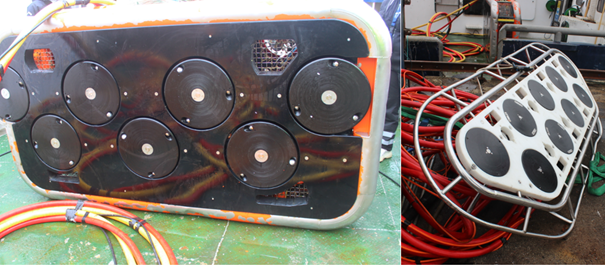 Døme på to variantar vaskeutstyr som blir brukt til høgtrykksspyling av nøter i sjø og som blir styrt av operatørar frå eit tilhøyrande fartøy. Slikt utstyr er som regel utrusta med fleire kamera for at operatørane skal kunne ha nødvendig kontroll med vaskeaktiviteten og notposen.