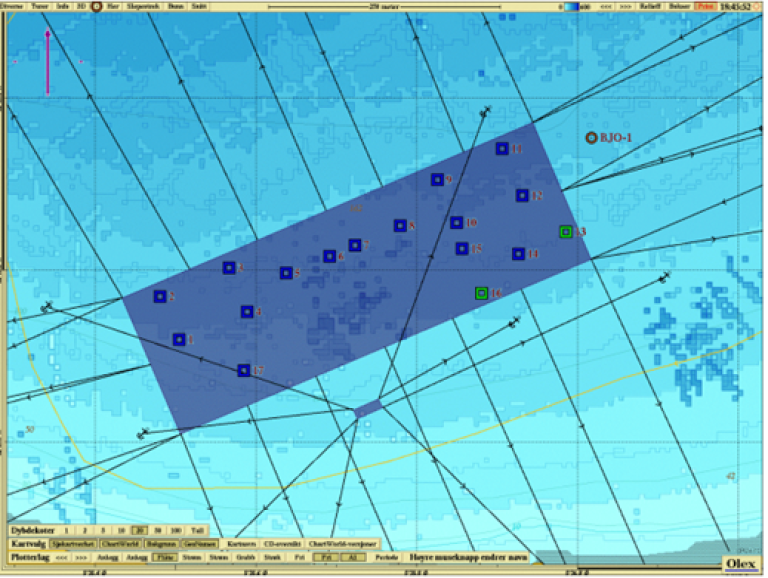 Illustrasjonskart som viser anleggsplassering, fortøyningslinjer og prøvestasjoner