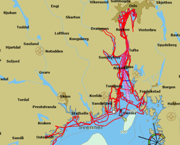 Områder dekket av patruljebåten Frey siden 8. april
