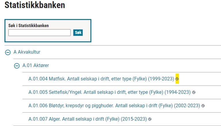Skjermbilde av statistikkbanken, der et ikon er markert i gult.